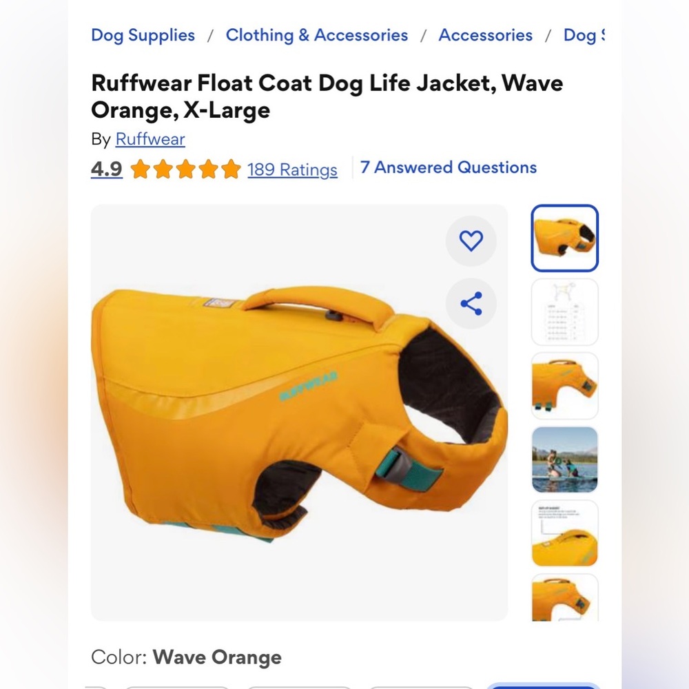 NWT Ruffwear XL 36-42” Dog Life Jacket Vest Wave Orange Outdoor Safety Beach